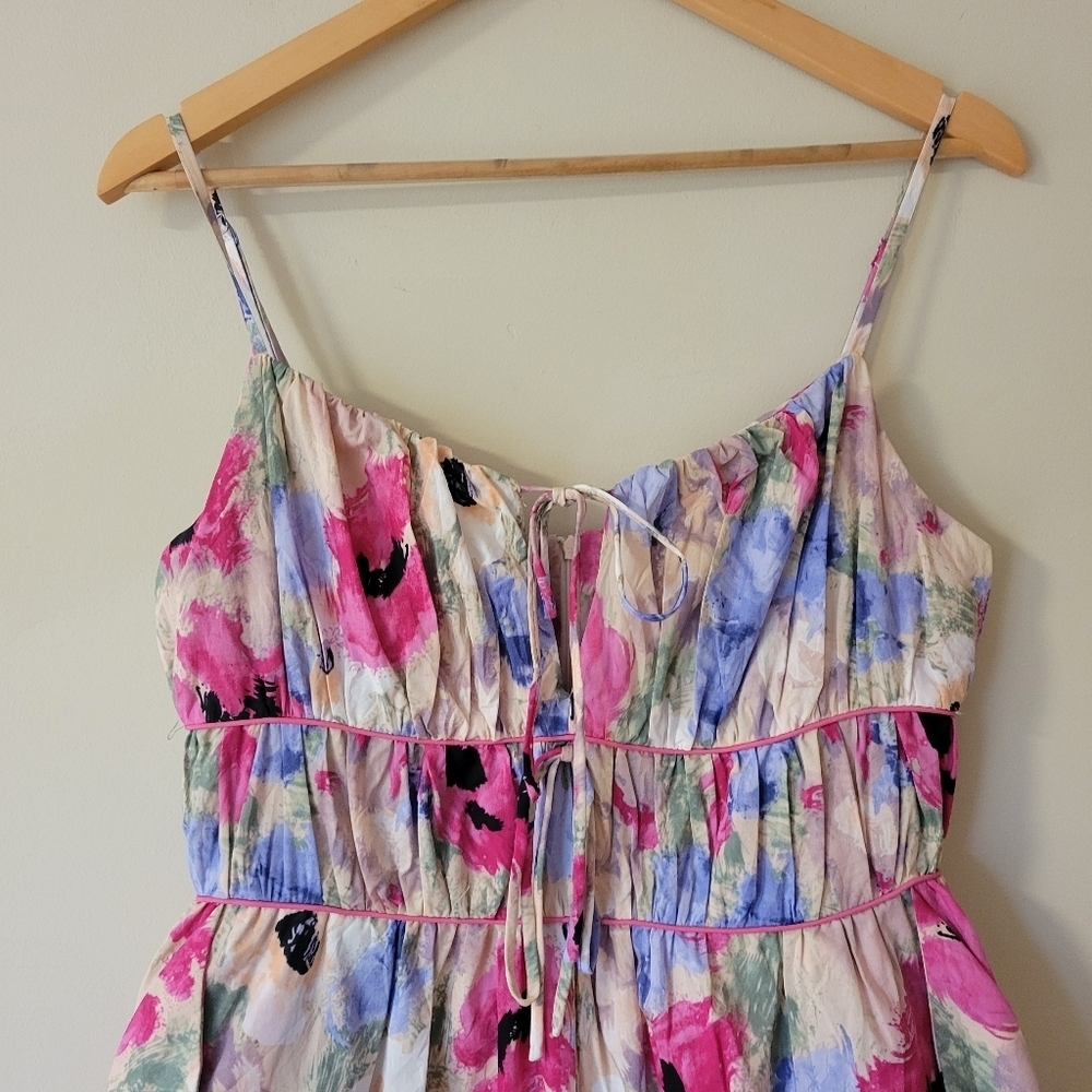 AUREUM Floral Watercolor Spaghetti-Strap Romper in Pink, Blue, Cream - Picture 4 of 9